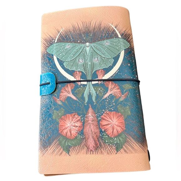 Butterfly Cocoon & Flowers Faux Leather Reusable Travelers Notebook 8x4.5” - Picture 2 of 8